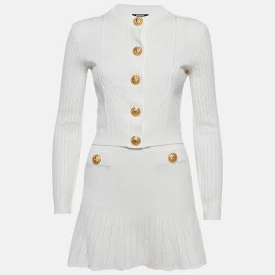 Pre-owned Balmain White Rib Knit Button Detail Skirt Set S