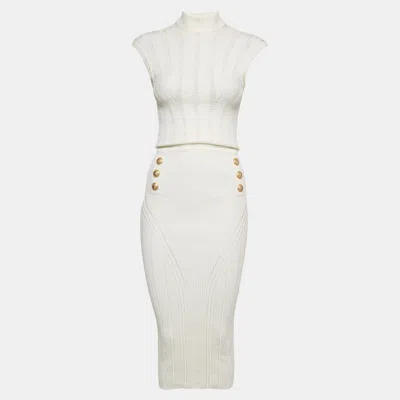 Pre-owned Balmain White Rib Knit Button Embellished Backless Midi Dress S