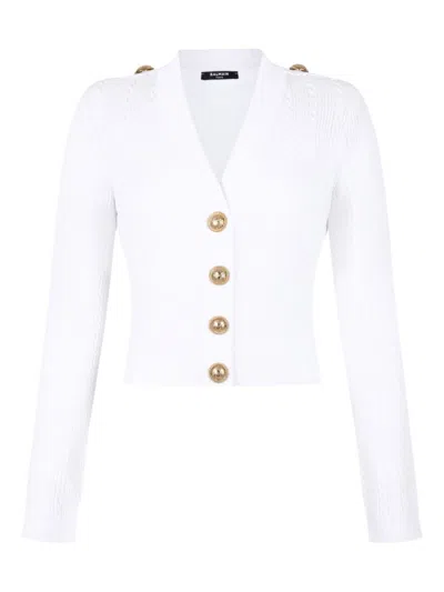 BALMAIN WHITE RIBBED BUTTON CARDIGAN