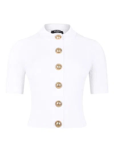 Balmain Crewneck Ribbed Cardigan Short Sleeves In White