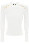 BALMAIN WHITE RIBBED CREW-NECK SWEATER FOR WOMEN WITH POINTELLE DETAILING AND GOLD-TONE BUTTONS
