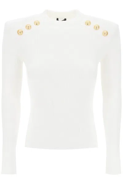 BALMAIN WHITE RIBBED CREW-NECK SWEATER FOR WOMEN WITH POINTELLE DETAILING AND GOLD-TONE BUTTONS