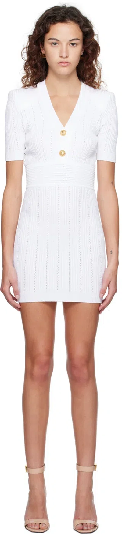 Balmain White Ribbed Minidress In 0fa Blanc (0fa)