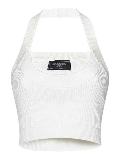 Balmain White Ribbed Viscose Blend Knit Cropped Top