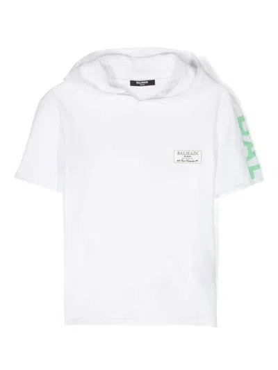 Balmain Kids' Logo-intarsia Short-sleeve Hoodie In White