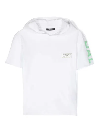 BALMAIN WHITE SHORT-SLEEVED HOODIE WITH SIDE LOGO