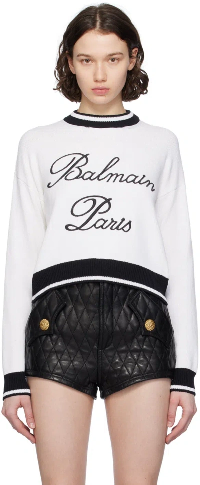 Balmain White Signature Sweater In Gab Blanc/noir