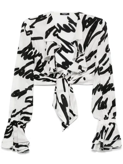 BALMAIN WHITE SILK CROP BLOUSE WITH BOW