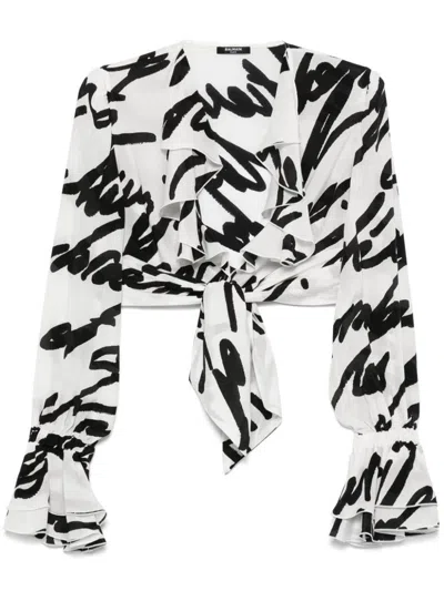 BALMAIN BALMAIN WHITE SILK CROP BLOUSE WITH BOW