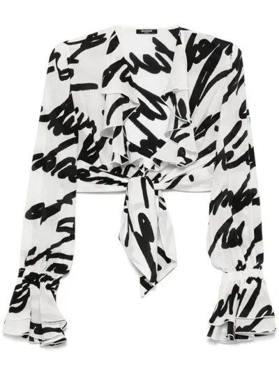 Balmain White Silk Crop Blouse With Bow