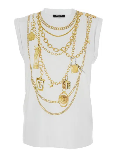 Balmain White Sleeveless Top With Maxi Necklace Print On Front And Rear In Cotton Woman