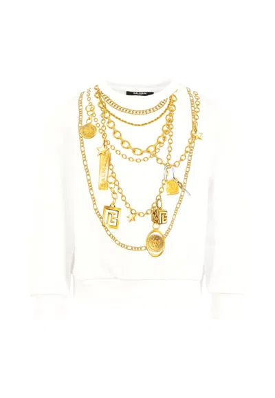 BALMAIN WHITE SWEATSHIRT FOR GIRL WITH CHAIN PRINT