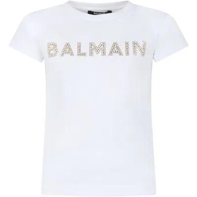 Balmain Kids' White T-shirt For Girl With Logo And Strass