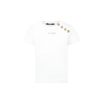 Balmain White T-shirt For Kids With Golden Logo