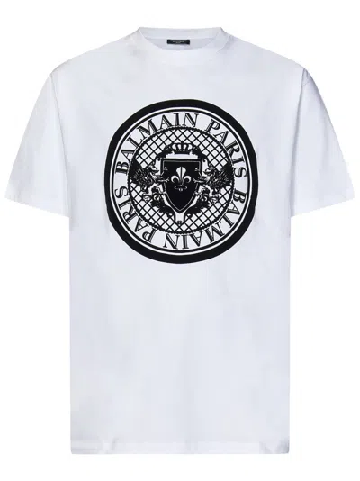 Balmain White T-shirt With Bold Circular Graphic Design In Multicolor