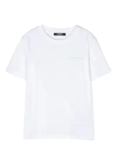 Balmain Kids' White T-shirt With Light Green Logo On Chest