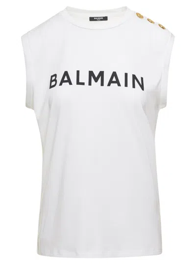 BALMAIN WHITE TANK TOP WITH CONTRASTING LETTERING PRINT AND JEWEL BUTTONS IN COTTON DONNA BALMAIN
