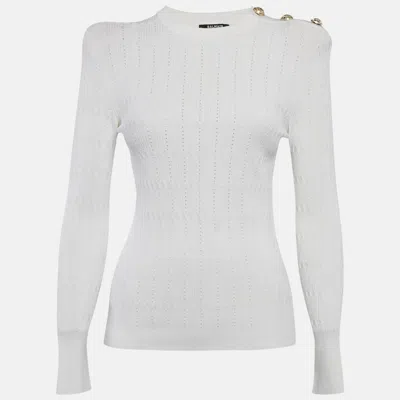 Pre-owned Balmain White Textured Pointelle Knit Crewneck Sweatshirt S