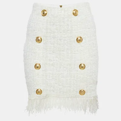 Pre-owned Balmain White Tweed Button Detail Pencil Skirt M