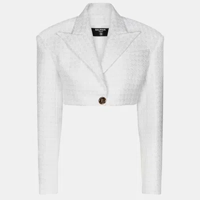Pre-owned Balmain White Tweed Crop Jacket M