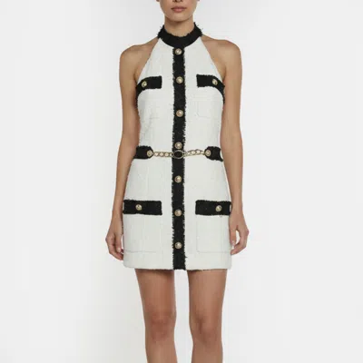 Pre-owned Balmain White Tweed Halter Neck Mini Dress S