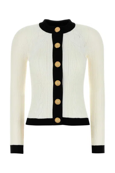 Balmain Two-tone Crocheted Cardigan In White