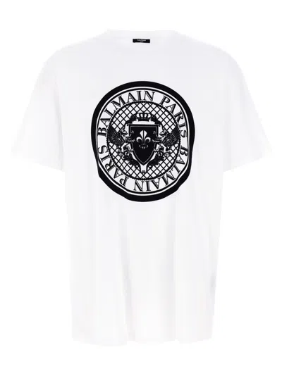 BALMAIN MEN WHITE VELVET LOGO T-SHIRT, XL LUXURY T-SHIRTS FOR MEN DARVEYS