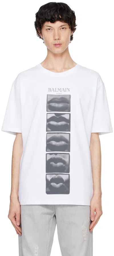 Balmain White Vintage ' Lips' Print T-shirt In Gab Blanc/noir