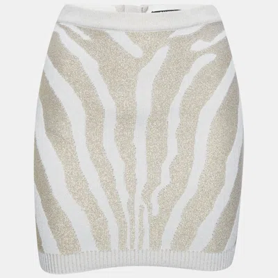 Pre-owned Balmain White/beige Zebra Metallic Instarsia Jacquard Knit Mini Skirt S In Sand