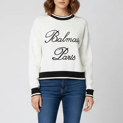 Pre-owned Balmain White/black Logo Embroidered Knit Pullover Sweater S