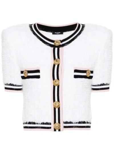 Balmain Maze Monogram Cotton Blend Cardigan In White