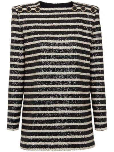 Balmain Stripe Sequin Long Sleeve Minidress In Black