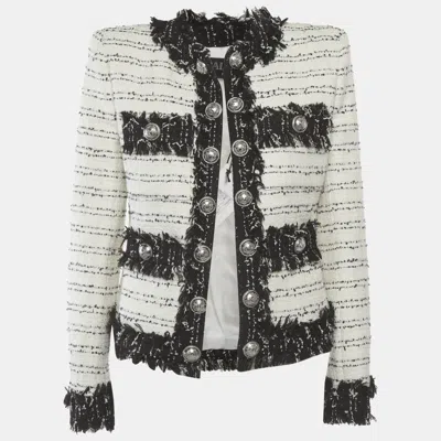 Pre-owned Balmain White/black Tweed Button Embellished Jacket M