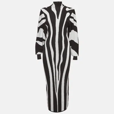 Pre-owned Balmain White/black Zebra Intarsia Knit High Neck Midi Dress S