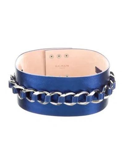 Pre-owned Balmain Wide Leather Waist Belt In Blue