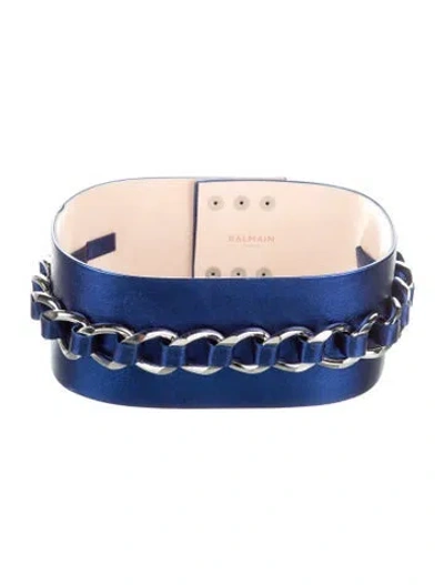 Pre-owned Balmain Wide Leather Waist Belt In Blue