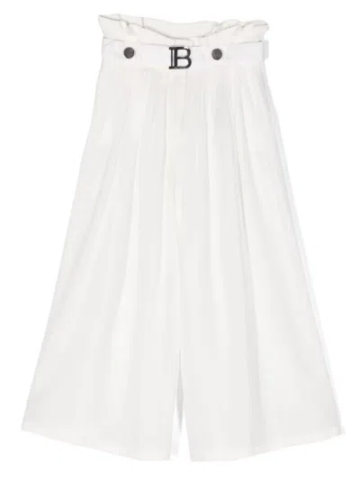 Balmain Kids' Paperbag-waist Wide-leg Trousers In Cream