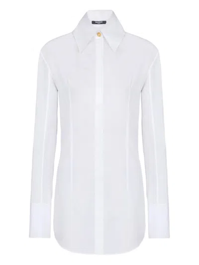 Balmain Wide-peak Shirt Collar Button-front Long-sleeve Cotton Top In Bianco
