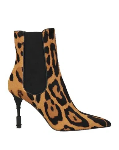 Balmain Woman Ankle Boots Camel Size 9 Calfskin, Polyester, Rubber, Lambskin In Animal Print