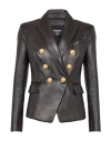 Balmain Black Double-breasted Jacket With Gold-colored Branded Buttons In Soft Leather Woman In Black
