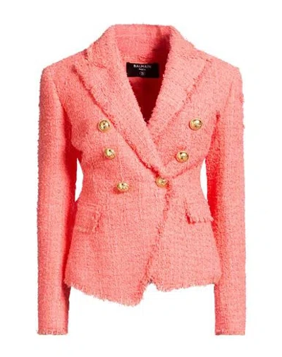 Balmain Woman Blazer Coral Size 4 Polyamide, Virgin Wool, Cotton In Pink