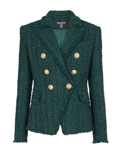 Balmain Tweed Double-breasted Blazer Jacket In Green