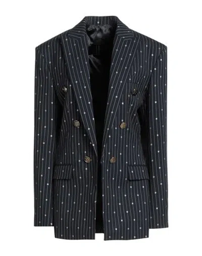 Balmain Woman Blazer Midnight Blue Size 16 Virgin Wool, Metallic Polyester, Elastane In Black
