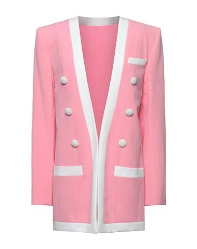 Balmain Long Collarless 6-button Crepe Jacket In Pink