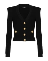Balmain Black Ribbed Cardigan With Shoulder Pads And Logoed Metal Buttons In Black