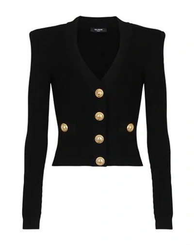 Balmain Black Fitted Cardigan With V Neckline And Jewel Buttons In Knit