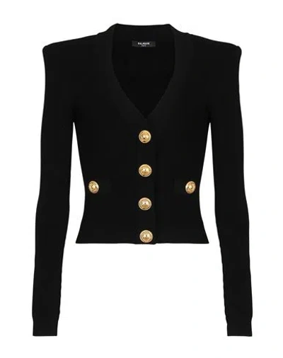 Balmain Black Fitted Cardigan With V Neckline And Jewel Buttons In Knit