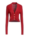Balmain Cropped Button-embellished Ribbed Pointelle-knit Cardigan In Red