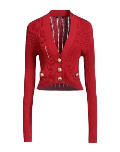 Balmain Cropped Button-embellished Ribbed Pointelle-knit Cardigan In Red