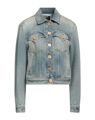 Balmain Woman Denim Outerwear Blue Size 12 Cotton